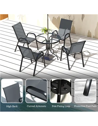 Outsunny Five-Piece Steel Patio Set, with Glass-Top Table - Dark Grey