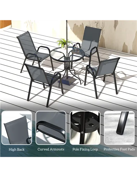 Outsunny Five-Piece Steel Patio Set, with Glass-Top Table - Dark Grey