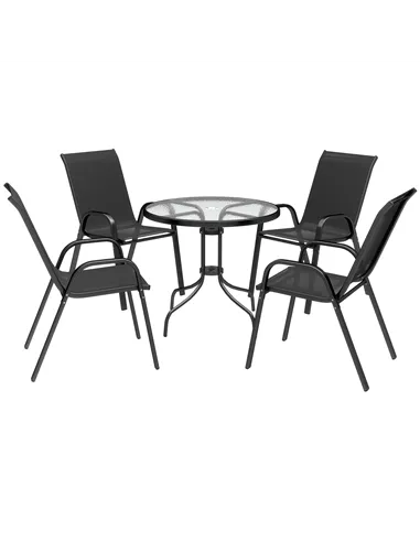 Outsunny Five-Piece Steel Patio Set, with Glass-Top Table - Black