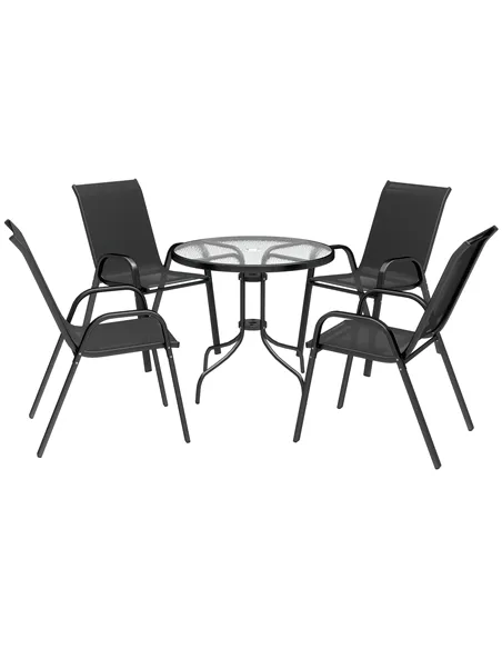 Outsunny Five-Piece Steel Patio Set, with Glass-Top Table - Black