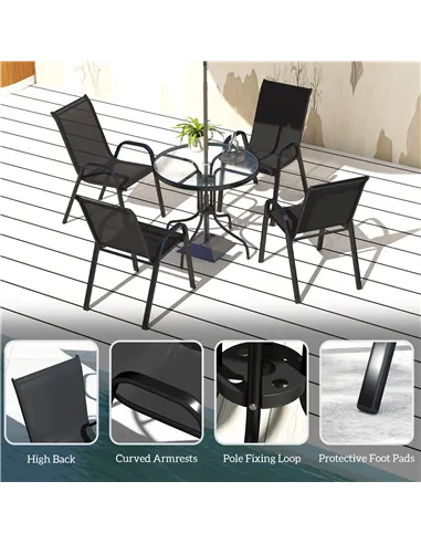 Outsunny Five-Piece Steel Patio Set, with Glass-Top Table - Black