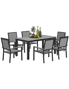 Outsunny 6 Seater Garden Dining Set with Stackable Chairs, Aluminium Frame, Rectangular Plastic Top, Garden Furniture Set, Outdo