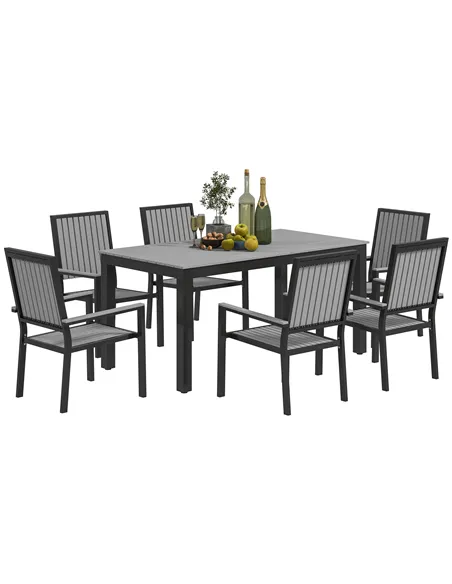 Outsunny 6 Seater Garden Dining Set with Stackable Chairs, Aluminium Frame, Rectangular Plastic Top, Garden Furniture Set, Outdo