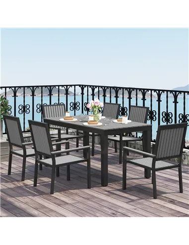 Outsunny 6 Seater Garden Dining Set with Stackable Chairs, Aluminium Frame, Rectangular Plastic Top, Garden Furniture Set, Outdo