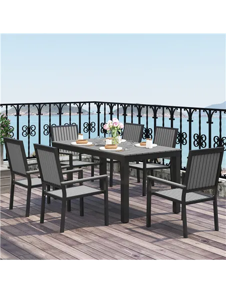 Outsunny 6 Seater Garden Dining Set with Stackable Chairs, Aluminium Frame, Rectangular Plastic Top, Garden Furniture Set, Outdo