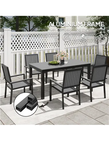 Outsunny 6 Seater Garden Dining Set with Stackable Chairs, Aluminium Frame, Rectangular Plastic Top, Garden Furniture Set, Outdo