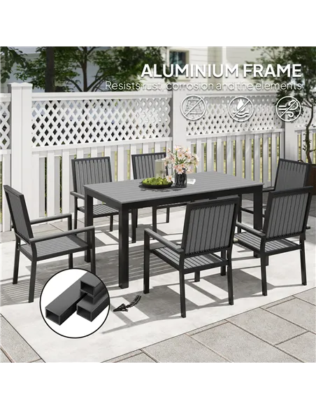 Outsunny 6 Seater Garden Dining Set with Stackable Chairs, Aluminium Frame, Rectangular Plastic Top, Garden Furniture Set, Outdo