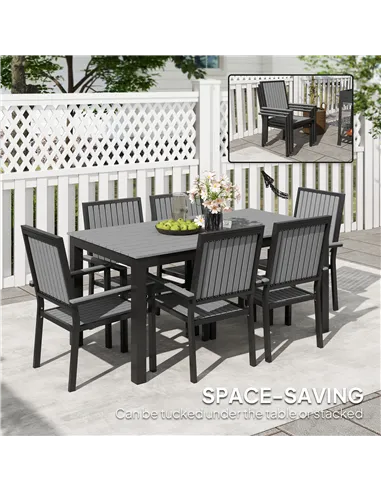 Outsunny 6 Seater Garden Dining Set with Stackable Chairs, Aluminium Frame, Rectangular Plastic Top, Garden Furniture Set, Outdo