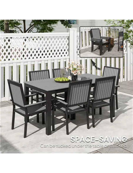 Outsunny 6 Seater Garden Dining Set with Stackable Chairs, Aluminium Frame, Rectangular Plastic Top, Garden Furniture Set, Outdo