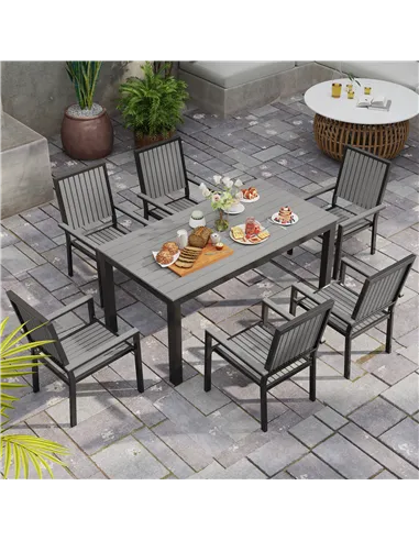 Outsunny 6 Seater Garden Dining Set with Stackable Chairs, Aluminium Frame, Rectangular Plastic Top, Garden Furniture Set, Outdo