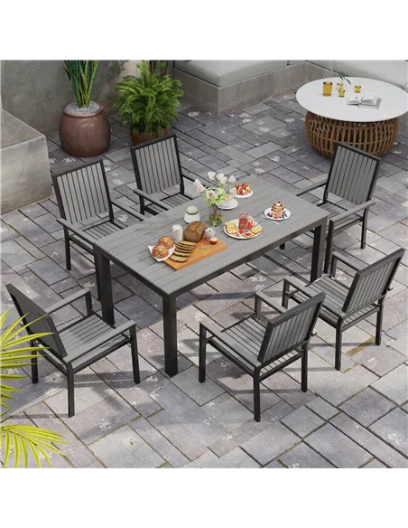 Outsunny 6 Seater Garden Dining Set with Stackable Chairs, Aluminium Frame, Rectangular Plastic Top, Garden Furniture Set, Outdo