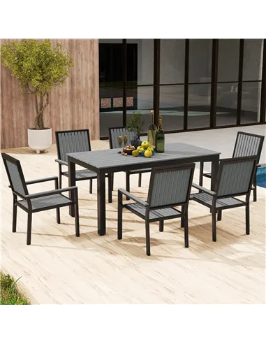 Outsunny 6 Seater Garden Dining Set with Stackable Chairs, Aluminium Frame, Rectangular Plastic Top, Garden Furniture Set, Outdo