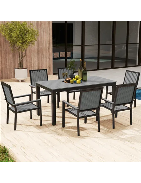 Outsunny 6 Seater Garden Dining Set with Stackable Chairs, Aluminium Frame, Rectangular Plastic Top, Garden Furniture Set, Outdo