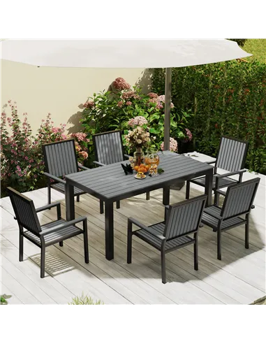 Outsunny 6 Seater Garden Dining Set with Stackable Chairs, Aluminium Frame, Rectangular Plastic Top, Garden Furniture Set, Outdo
