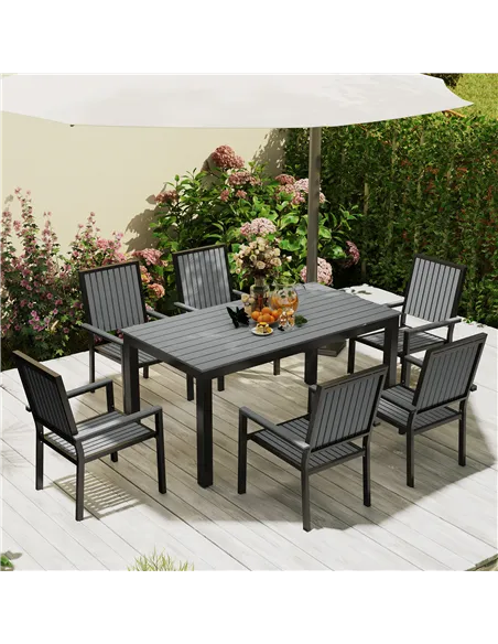 Outsunny 6 Seater Garden Dining Set with Stackable Chairs, Aluminium Frame, Rectangular Plastic Top, Garden Furniture Set, Outdo