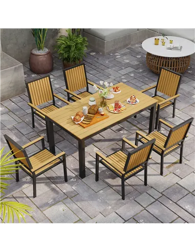 Outsunny 6 Seater Garden Dining Set with Stackable Chairs, Aluminium Frame, Rectangular Plastic Top, Garden Furniture Set, Outdo