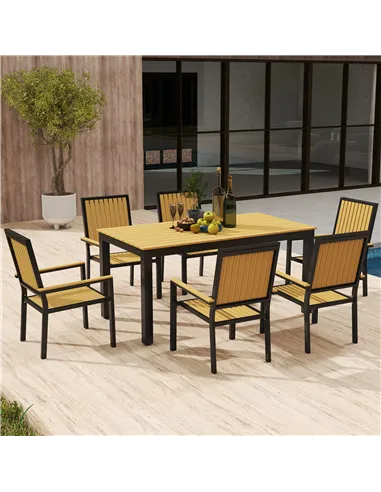 Outsunny 6 Seater Garden Dining Set with Stackable Chairs, Aluminium Frame, Rectangular Plastic Top, Garden Furniture Set, Outdo