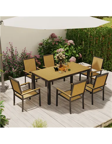 Outsunny 6 Seater Garden Dining Set with Stackable Chairs, Aluminium Frame, Rectangular Plastic Top, Garden Furniture Set, Outdo