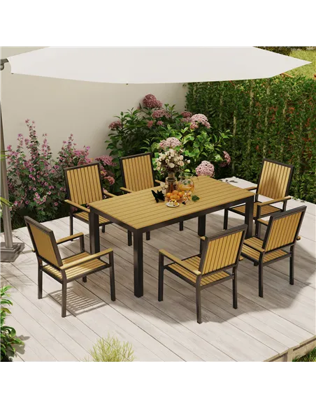 Outsunny 6 Seater Garden Dining Set with Stackable Chairs, Aluminium Frame, Rectangular Plastic Top, Garden Furniture Set, Outdo