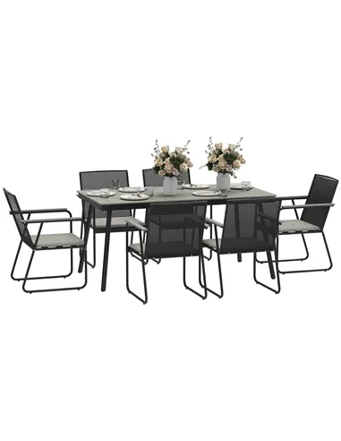 Outsunny 6 Seater Garden Dining Set with Soft Cushions, Rattan Backrest, Rectangular Plastic Top, Garden Furniture Set, Outdoor 