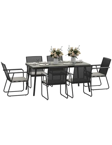 Outsunny 6 Seater Garden Dining Set with Soft Cushions, Rattan Backrest, Rectangular Plastic Top, Garden Furniture Set, Outdoor 