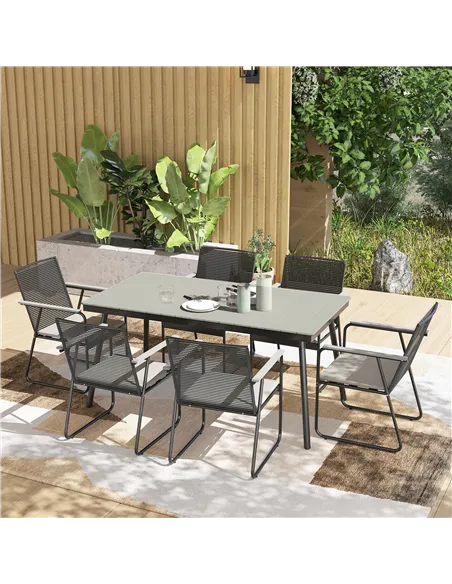 Outsunny 6 Seater Garden Dining Set with Soft Cushions, Rattan Backrest, Rectangular Plastic Top, Garden Furniture Set, Outdoor 