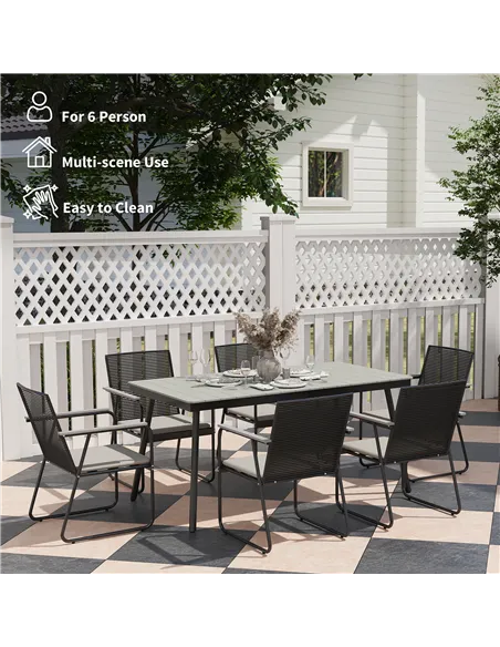 Outsunny 6 Seater Garden Dining Set with Soft Cushions, Rattan Backrest, Rectangular Plastic Top, Garden Furniture Set, Outdoor 