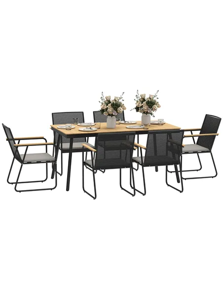 Outsunny 6 Seater Garden Dining Set with Soft Cushions, Rattan Backrest, Rectangular Plastic Top, Garden Furniture Set, Outdoor 