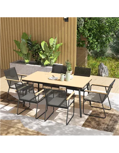 Outsunny 6 Seater Garden Dining Set with Soft Cushions, Rattan Backrest, Rectangular Plastic Top, Garden Furniture Set, Outdoor 