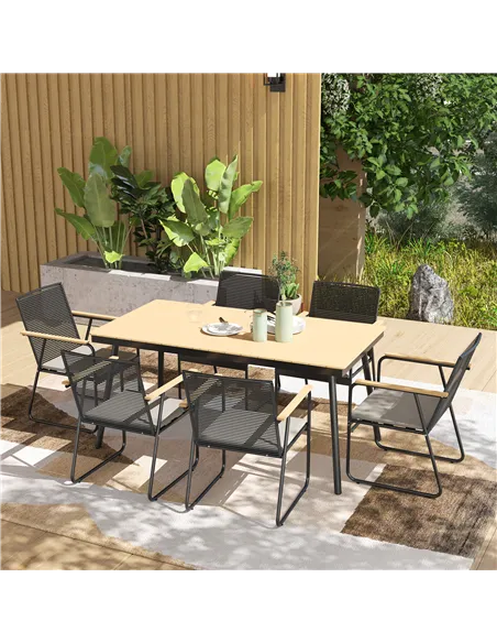 Outsunny 6 Seater Garden Dining Set with Soft Cushions, Rattan Backrest, Rectangular Plastic Top, Garden Furniture Set, Outdoor 