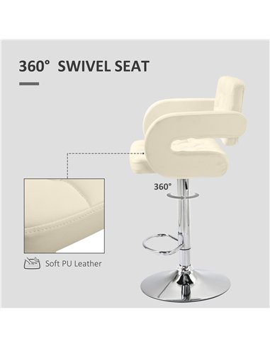 HOMCOM PU Leather Upholstered Swivel Bar Stool, Height Adjustable with Back, Armrest, Footrest, Beige