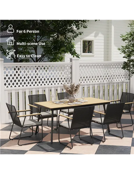 Outsunny 6 Seater Garden Dining Set with Soft Cushions, Rattan Backrest, Rectangular Plastic Top, Garden Furniture Set, Outdoor 