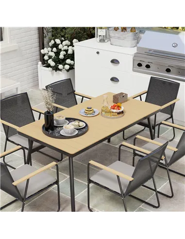 Outsunny 6 Seater Garden Dining Set with Soft Cushions, Rattan Backrest, Rectangular Plastic Top, Garden Furniture Set, Outdoor 