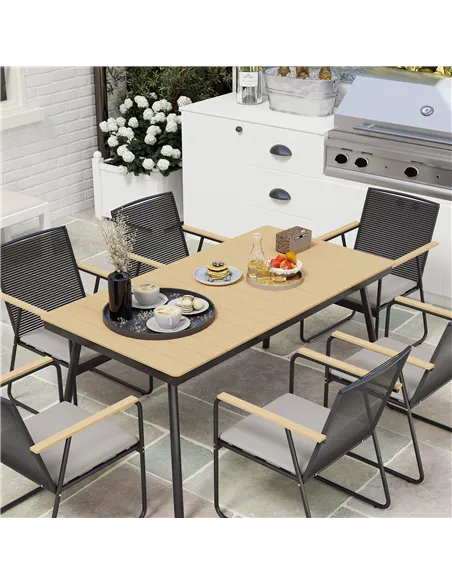 Outsunny 6 Seater Garden Dining Set with Soft Cushions, Rattan Backrest, Rectangular Plastic Top, Garden Furniture Set, Outdoor 