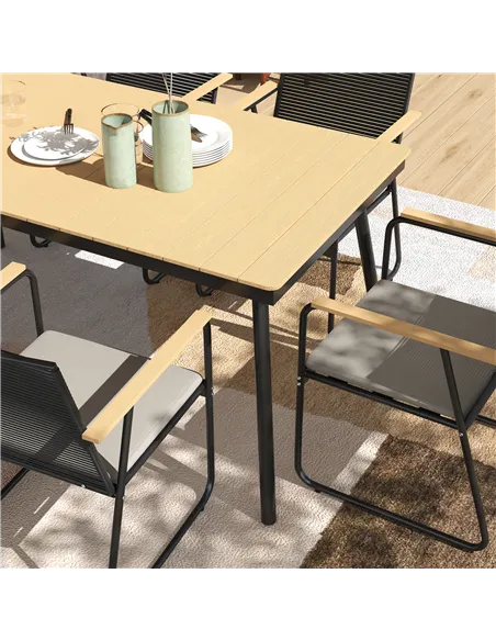 Outsunny 6 Seater Garden Dining Set with Soft Cushions, Rattan Backrest, Rectangular Plastic Top, Garden Furniture Set, Outdoor 