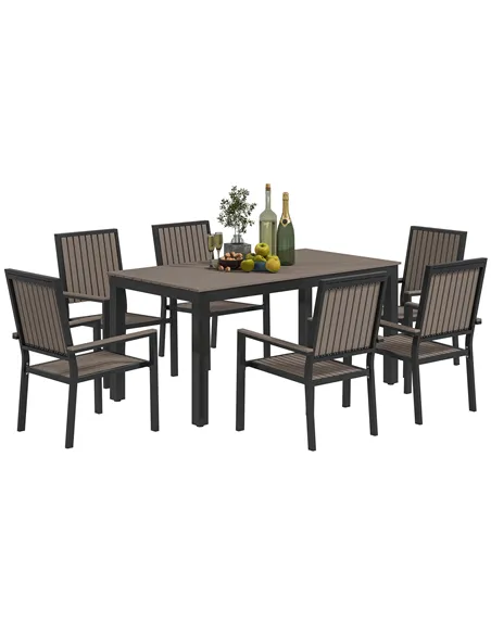 Outsunny 6 Seater Garden Dining Set with Stackable Chairs, Aluminium Frame, Rectangular Plastic Top, Garden Furniture Set, Outdo
