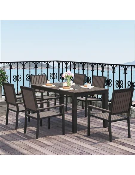 Outsunny 6 Seater Garden Dining Set with Stackable Chairs, Aluminium Frame, Rectangular Plastic Top, Garden Furniture Set, Outdo