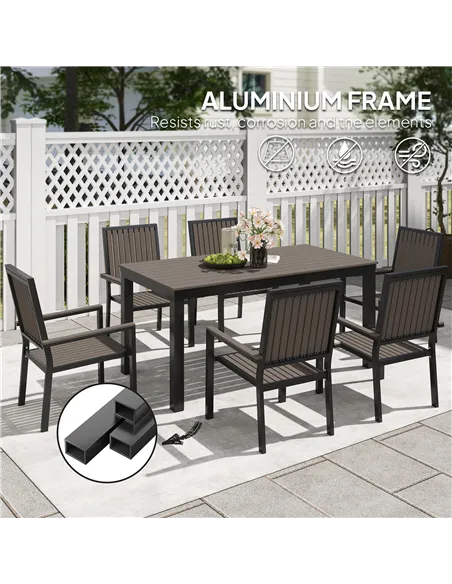Outsunny 6 Seater Garden Dining Set with Stackable Chairs, Aluminium Frame, Rectangular Plastic Top, Garden Furniture Set, Outdo
