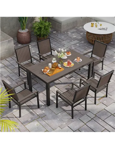 Outsunny 6 Seater Garden Dining Set with Stackable Chairs, Aluminium Frame, Rectangular Plastic Top, Garden Furniture Set, Outdo