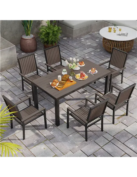 Outsunny 6 Seater Garden Dining Set with Stackable Chairs, Aluminium Frame, Rectangular Plastic Top, Garden Furniture Set, Outdo