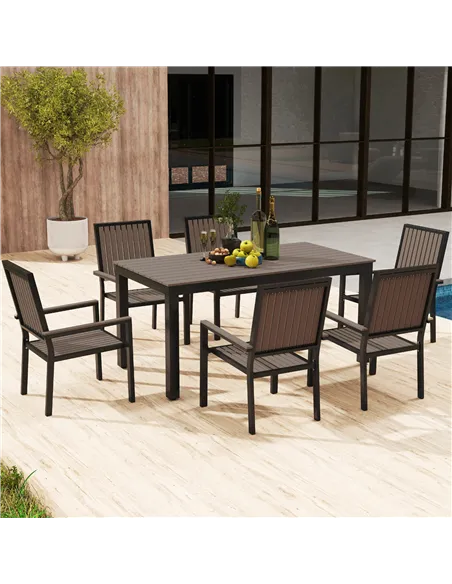 Outsunny 6 Seater Garden Dining Set with Stackable Chairs, Aluminium Frame, Rectangular Plastic Top, Garden Furniture Set, Outdo