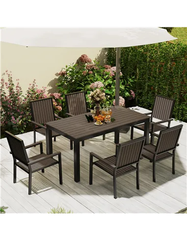 Outsunny 6 Seater Garden Dining Set with Stackable Chairs, Aluminium Frame, Rectangular Plastic Top, Garden Furniture Set, Outdo