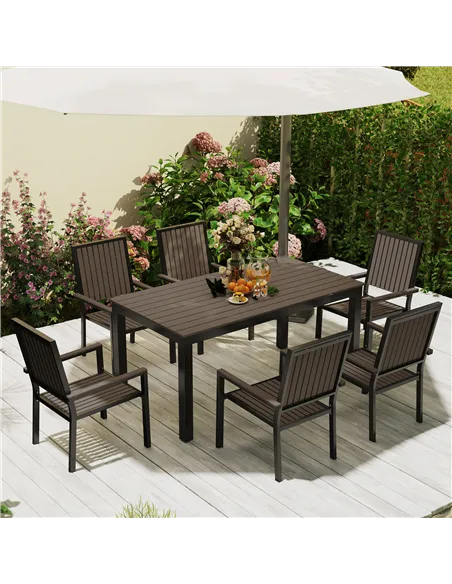 Outsunny 6 Seater Garden Dining Set with Stackable Chairs, Aluminium Frame, Rectangular Plastic Top, Garden Furniture Set, Outdo