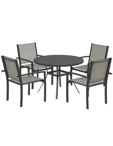 Outsunny 5 Piece Garden Furniture Set, Garden Dining Set with Round Table and 4 Stackable Chairs, Steel Frame, for Outdoor, Pati