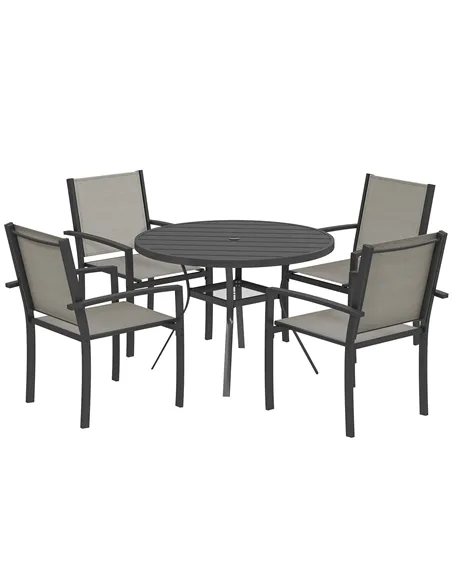 Outsunny 5 Piece Garden Furniture Set, Garden Dining Set with Round Table and 4 Stackable Chairs, Steel Frame, for Outdoor, Pati