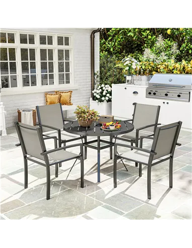 Outsunny 5 Piece Garden Furniture Set, Garden Dining Set with Round Table and 4 Stackable Chairs, Steel Frame, for Outdoor, Pati