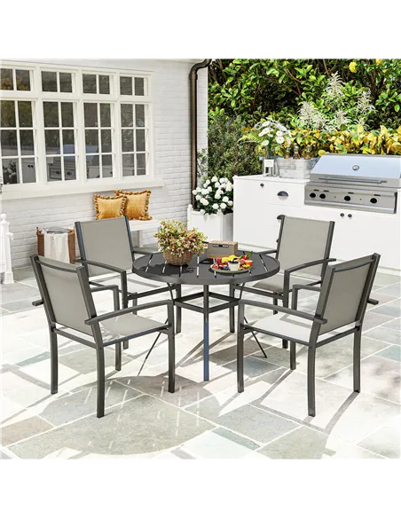 Outsunny 5 Piece Garden Furniture Set, Garden Dining Set with Round Table and 4 Stackable Chairs, Steel Frame, for Outdoor, Pati