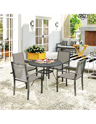 Outsunny 5 Piece Garden Furniture Set, Garden Dining Set with Round Table and 4 Stackable Chairs, Steel Frame, for Outdoor, Pati