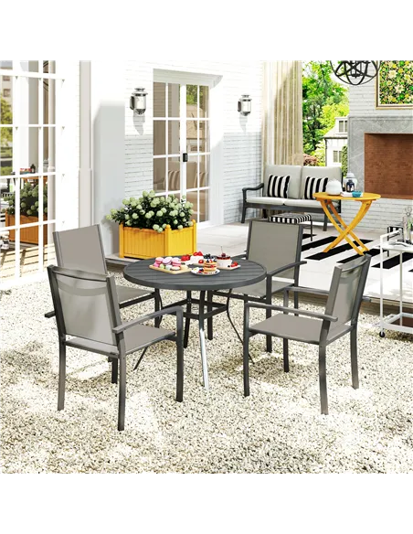 Outsunny 5 Piece Garden Furniture Set, Garden Dining Set with Round Table and 4 Stackable Chairs, Steel Frame, for Outdoor, Pati