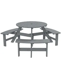 Outsunny 6 Seater Wooden Picnic Table and Garden Benches Set, Round Garden Dining Set with 3 Benches and Umbrella Hole Outdoor G